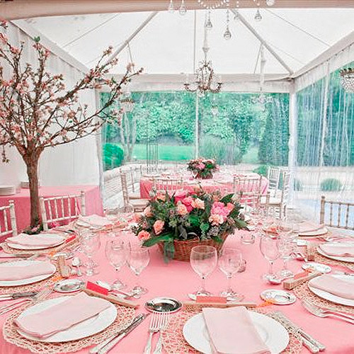 Montaje de mesa rosa con árboles. Foto: Granplann